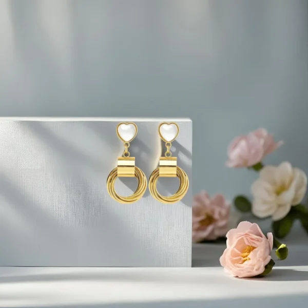 Golden Heart Hoop Drop Earrings - Image 3