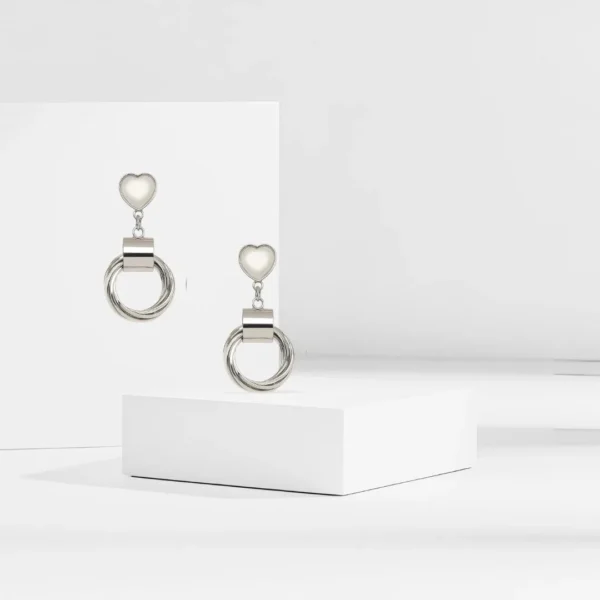Silver Heart Hoop Drop Earrings - Image 2