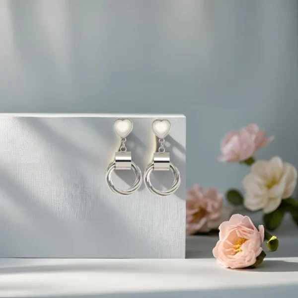 Silver Heart Hoop Drop Earrings - Image 4
