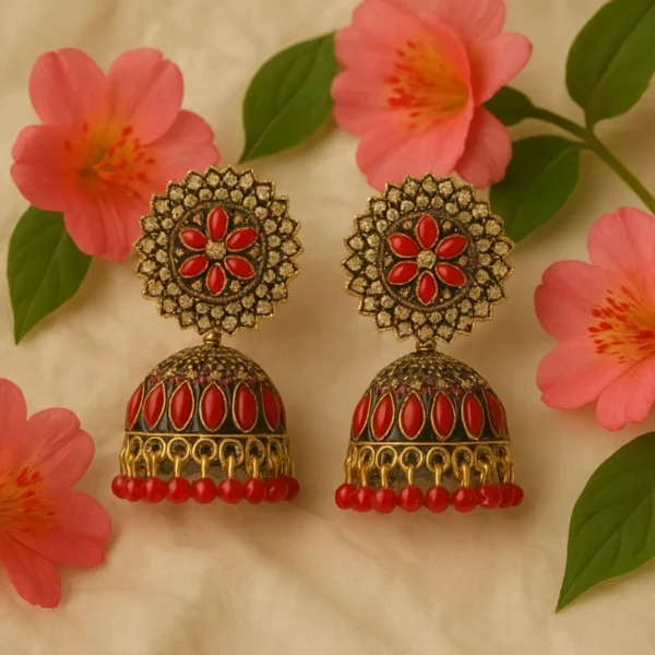 Red Stone Floral Jhumka Earrings - Image 3