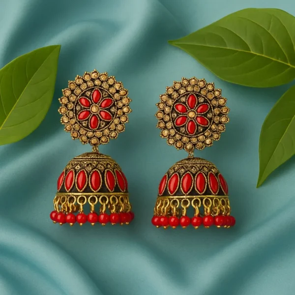 Red Stone Floral Jhumka Earrings