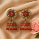 Red Stone Floral Jhumka Earrings
