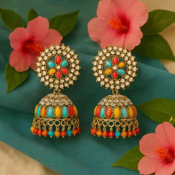 Multicolor Stone Festive Jhumka Earrings - Image 3