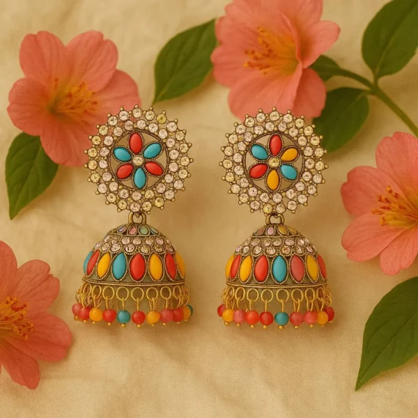 Multicolor Stone Festive Jhumka Earrings - Image 2