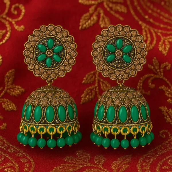 Handcrafted Green Stone Jhumkas – Antique Finish Earrings for Festive & Wedding Wear - Image 2