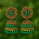 Handcrafted Green Stone Jhumkas – Antique Finish Earrings for Festive & Wedding Wear