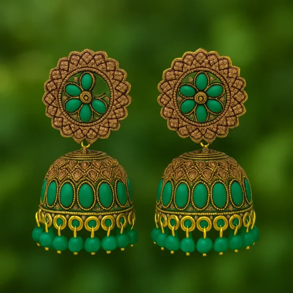 Handcrafted Green Stone Jhumkas – Antique Finish Earrings for Festive & Wedding Wear - Image 3