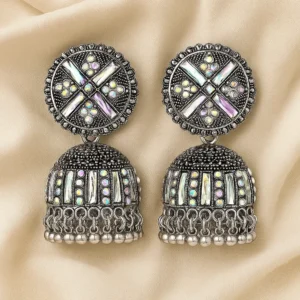 Oxidized Silver Jhumka Earrings for Women | Mirror Work Traditional Indian Ethnic Jewelry