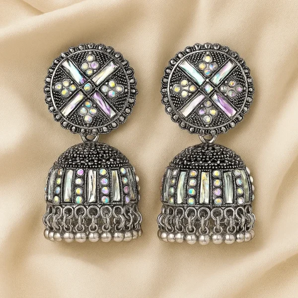 Oxidized Silver Mirror Work Jhumka – Ethnic Dangler with Colorful Stones - Image 2