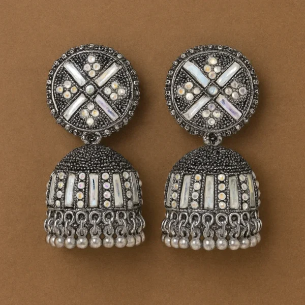 Oxidized Silver Jhumka Earrings for Women | Mirror Work Traditional Indian Ethnic Jewelry - Image 3