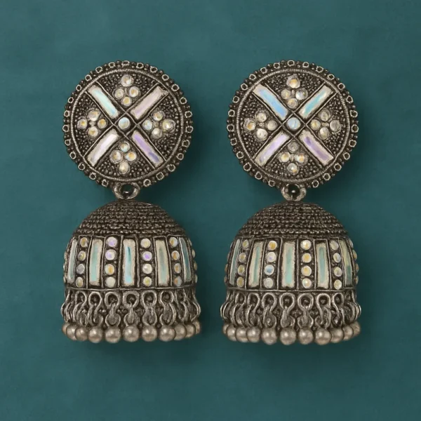 Oxidized Silver Jhumka Earrings for Women | Mirror Work Traditional Indian Ethnic Jewelry - Image 2