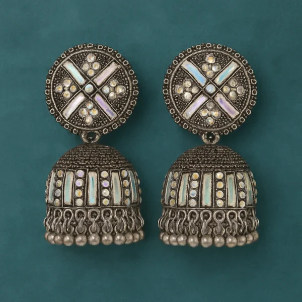 Oxidized Silver Mirror Work Jhumka – Ethnic Dangler with Colorful Stones - Image 3