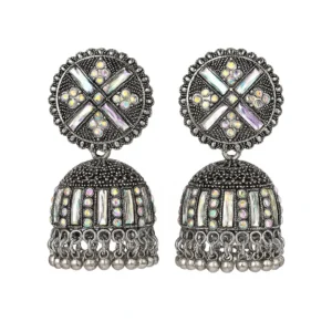 Oxidized Silver Mirror Work Jhumka – Ethnic Dangler with Colorful Stones