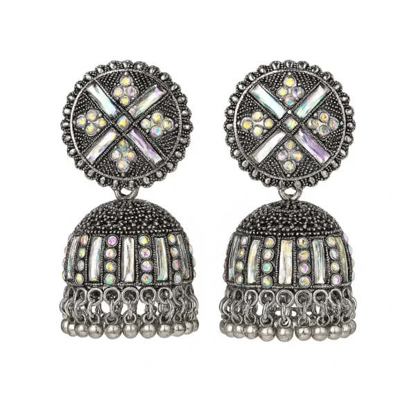 Oxidized Silver Mirror Work Jhumka – Ethnic Dangler with Colorful Stones
