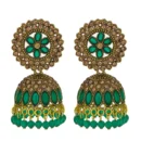 Handcrafted Green Stone Jhumkas – Antique Finish Earrings for Festive & Wedding Wear
