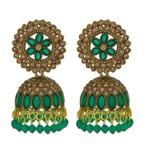 Handcrafted Green Stone Jhumkas – Antique Finish Earrings for Festive & Wedding Wear