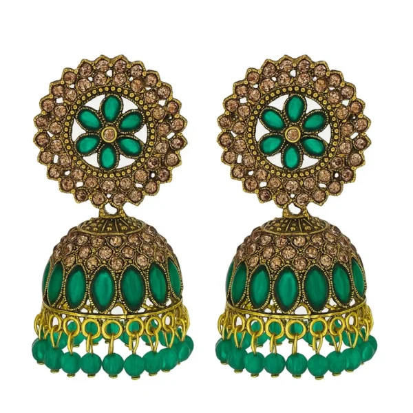 Handcrafted Green Stone Jhumkas – Antique Finish Earrings for Festive & Wedding Wear